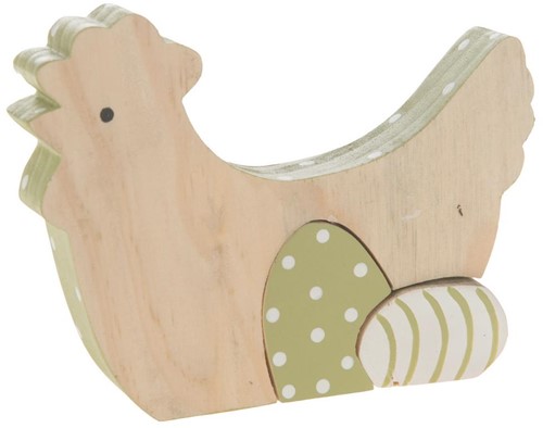 Kip, Houten Hen met eieren Wit-Groen 13x2x9. 5cm. Kip met ei hanger hout