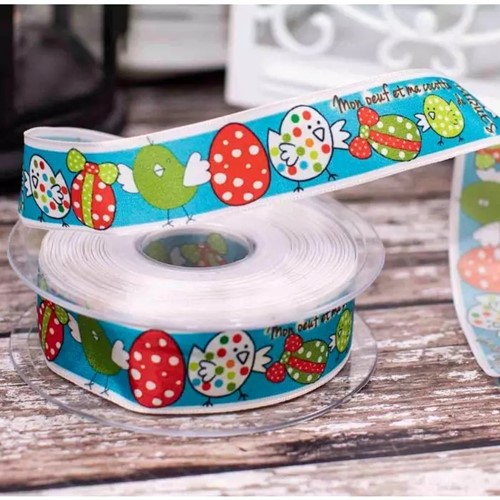 Lint Blauwe Paaskuikens - Oeuf Cocottes Lint 25mm x 20m Lint met draad