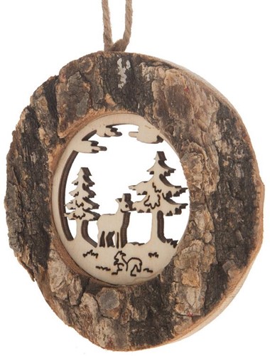 Houtschijf met schors kerstboomhanger uitsnede"Trees" 10cm.  Houtschijf met schors