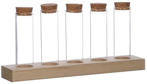 5 Flesjes met kurk in houder Wood holder h.10 Ø3 cm wood holder w. 5 tubes w. cork