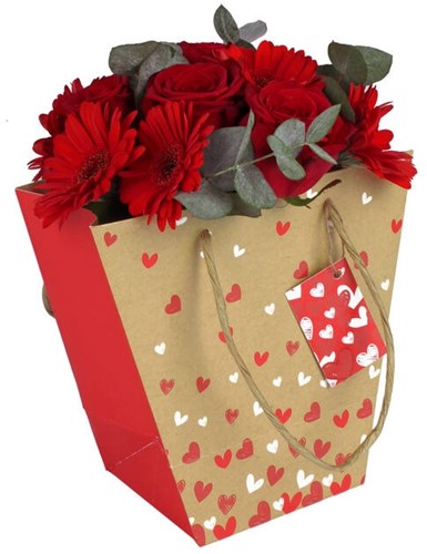 Bloementas Geschenktas Kraft met hartjes 20*20*11*12 met label excl bloemen
