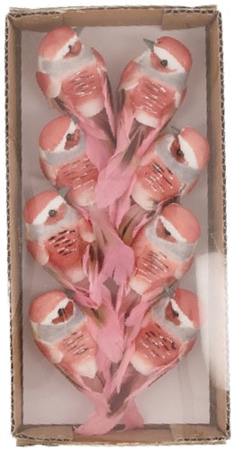 Vogeltjes op clip 8x3.5x3.5cm 8pc -Roze Soft Pink