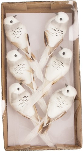 Vogeltjes op clip 12.5x3.5x3.5cm 6pc -Witgrijs White grey