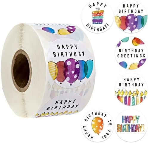 500 Stickers Labels Rol Happy Birthday ballonnen kaarsjes rol etiketten met verschillende soorten
