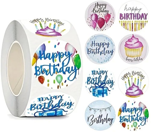 500 Stickers Labels Rol Happy Birthday Blauw Roze tinten rol etiketten met verschillende soorten
