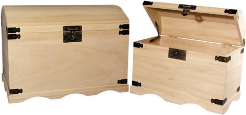 Set houten schatkisten 2 afm. 37x21x26 cm. + 44, 8x28, 8x32 cm. Set houten schatkisten 2