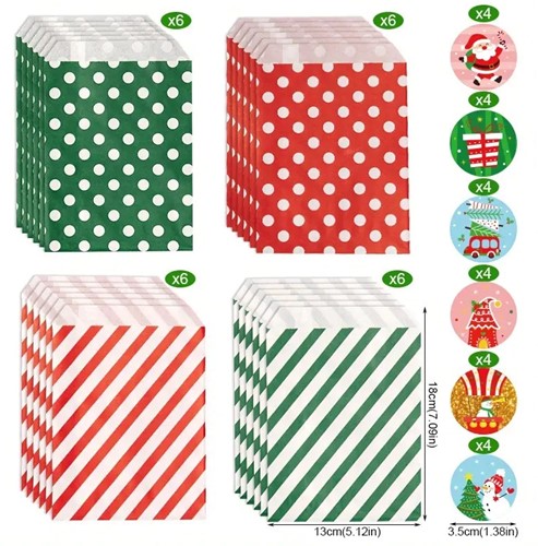 24st Kerst Kraft Papieren Zakjes Met Stickers Rood Groen Punt Streep  Kerst papieren zakjes incl sluitstickers