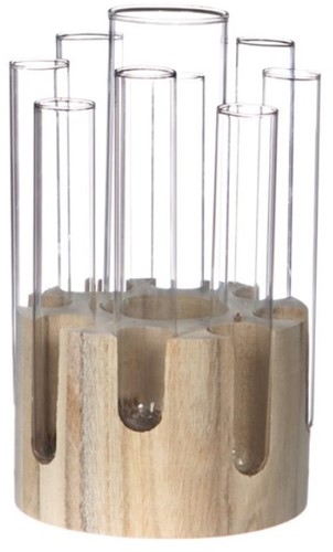 Decoratief Wood base met reageerbuis 12 cm h.20cm ook leuk voor stekjes 