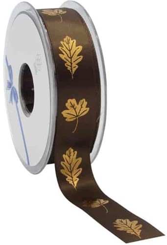 Enkelzijdige satijn lint Herfstlint AUTUMN LEAFS – BRUIN met goud blad  23mm / meter verpakkingslint, cadeaulint