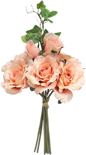 Rozen groot en klein met blad boeketje 42cm. Champ/zalm flowerwall vuller