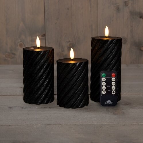 LED Kaarsen Anna's Collection – 3D Flame Swirl Stompkaars Zwart – Set van 3 met Afstandsbediening Ledcandle voor bloemschikken en decoratie