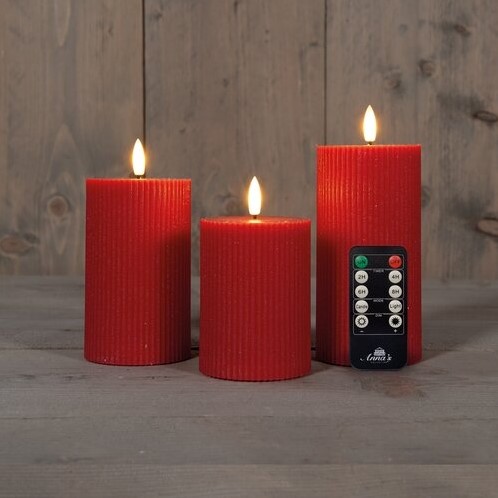 LED Kaarsen Anna's Collection – 3D Flame Ribbel Stompkaars Rood – Set van 3 met Afstandsbediening Ledcandle voor bloemschikken en decoratie