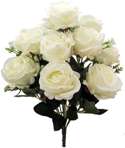 Boeket zijdebloemen 41cm OPEN ROSE BUSH (12 ) met Gips Ivory zijderozen