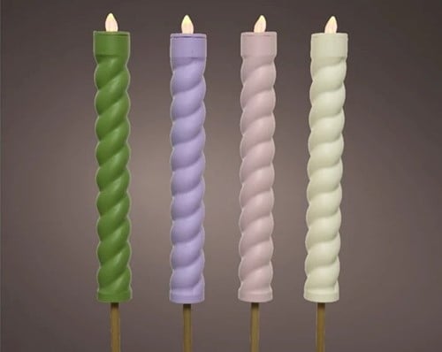  Set LEDFAKKELS Solar Lumineo LED kaars PASTEL Swirl. Vlameffect  4*106 cm  /set van 4 Ledcandle voor bloemschikken en decoratie en tuin