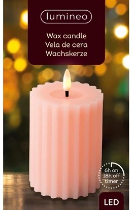Actie Lumineo LED kaars WAX steady Binnen, RIBBEL, met timer, Zachtroze/warm wit dia 7.5cm H 12.3cm / st Ledcandle vlameffect voor bloemschikken en decoratie