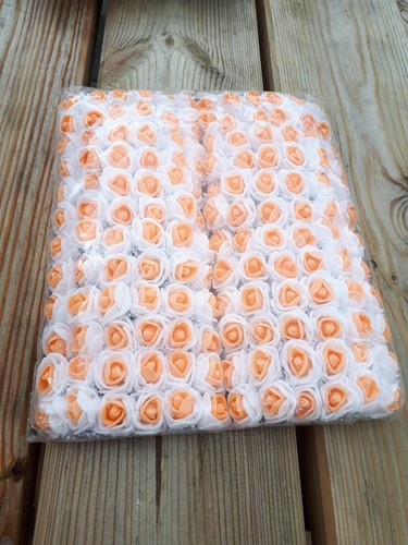 Actie Mini foamrose met tule Wit+Oranje hart BULK pak 144 st 2 cm.