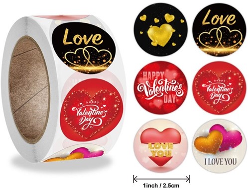 500 Stickers Labels Rol Thema: Happy, Love, Valentine rol etiketten met verschillende soorten