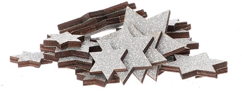 Houten Deco Lasercut Sterren 3 maten Zilver Glitter 24st Houten sterren