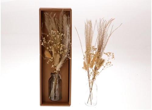 Droogbloemen arrangement in geschenkdoos incl fles Naturel White ARR259 Een groet die iets doet medium
