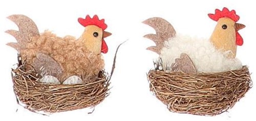 Vogelnest Kippennesten met kip en haan  L7.5w5.0h6.0 Set van 2 verschillende Vogelnesten 