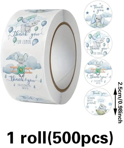 500 Stickers "Baby" - Blauw, Groen & Grijs Olifantje op Rol (Sluitstickers & Labels) rol sluit etiketten