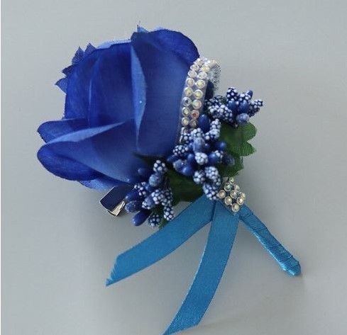 Luxe Corsage, Bruidegomcorsage van zijdebloemen Blauw met Strass Boutonnière met speld en clop