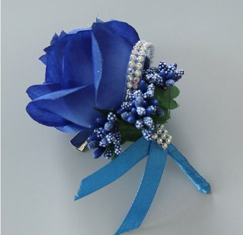 Luxe Corsage,corsage van zijdebloemen Blauw met Strass Boutonnière met speld en clip