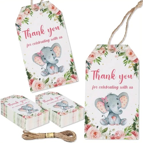 Bloemenkaartjes "Thank You For Celebrating With Us" - Olifantje (Set van 50) met Touwtje cadeaulabels met touwtje