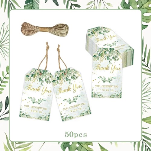 Bloemenkaartjes "Thank You For Celebrating With Us" - Groen Green Leaves (Set van 50) met Touwtje cadeaulabels met touwtje