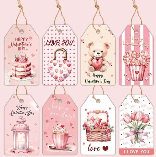 Bloemenkaartjes Valentijn - 8 Verschillende Designs (Set van 48) met Touwtje cadeaulabels met touwtje