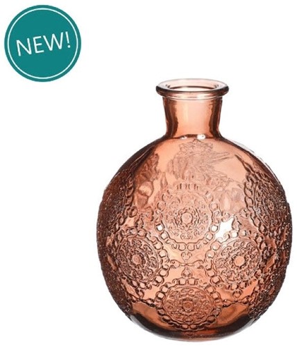 Gekleurd glazen flesje Bologna vaasje,kandelaar Mahogany   / stuk Bologna bottle 12 cm hoog Ø 9.5cm diameter