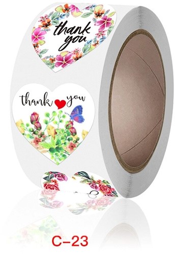 500 Stickers Labels Rol Thank you Flowers Hartvorm rol etiketten met verschillende hartvorm