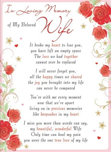Rouwkaart herdenkingskaart In loving memory of a BELOVED WIFE Geplastificeerd 16.5 X 12cm