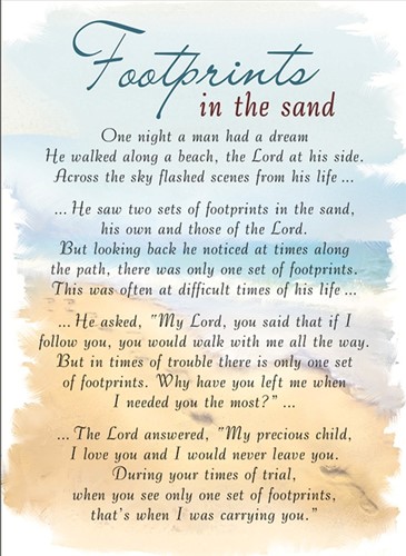 Rouwkaart herdenkingskaart FOOTPRINTS IN THE SAND Geplastificeerd 16.5 X 12cm
