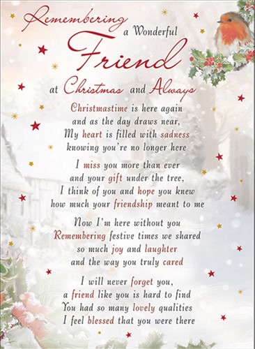 Rouwkaart herdenkingskaart REMEMBERING A WONDERFUL FRIEND Christmas & Always Geplastificeerd 16.5 X 12cm