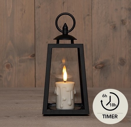 Lantaarn zwart met druipkaars en 3D-vlam – 20,5 cm – timerfunctie Led