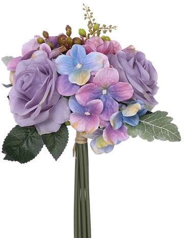 Budget boeket Handgebonden zijde 28cm Roos, Hortensia, besjes en blad LILA/PINK/BLUE Low Budget Boeket  