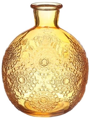Gekleurd glazen flesje Bologna vaasje,kandelaar Oker  / stuk Bologna bottle 12 cm hoog Ø 9.5cm diameter