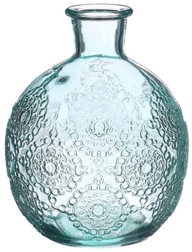 Gekleurd glazen flesje Bologna vaasje,kandelaar Soft Blue  / stuk Bologna bottle 12 cm hoog Ø 9.5cm diameter