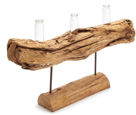 Weathered wood log on stand ±50x10x25cm + glasses  
