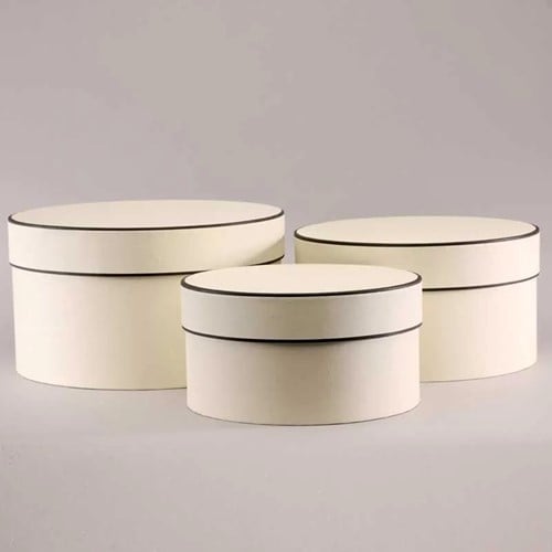 Set van 3-Ronde Bloemendozen CREME + brown Trim Bloemendoos