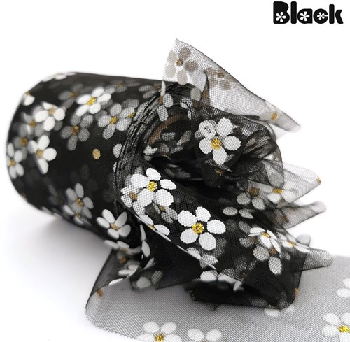 Lint Tule 6cm 25Yards Floret Daisy Ribbon Black Zwart Tule met bloemetjes 15 cm.