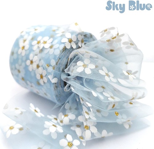 Lint Tule 6cm 25Yards Floret Daisy Ribbon Pastelblauw Skyblue Tule met bloemetjes 15 cm.