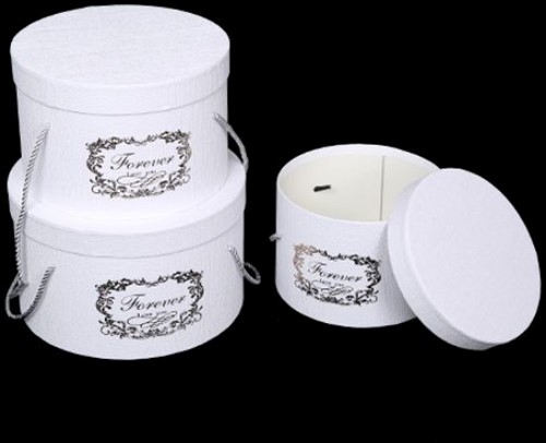 Bloemendoos Set van 3 Luxe Bloemendozen rond FOREVER LOVE YOU WHITE/IVORY met hengsel Flowerbox Cadeaudoos voor bv rozen