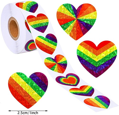 500 Stickers Labels Rol Hartvormig Regenboog Rainbow Holografisch rol met verschillende rainbow etiketten