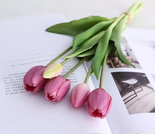 Actie Tulp Tulpen bundel, Luxe Siliconen Real Touch Tulpen kleur Light Purple Cerise / Bundel +/-5st Zijde Tulpen Real Touch Latex, siliconen