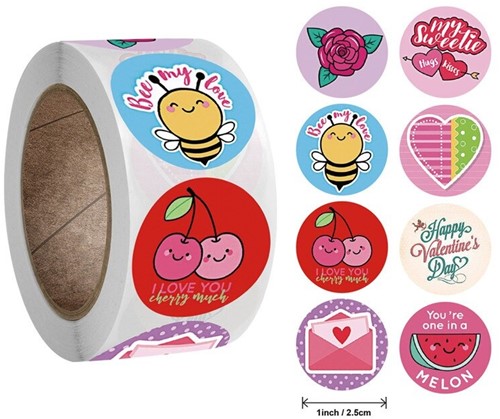 500 Stickers Labels Rol Thema: Happy, Love, Valentine rol etiketten met verschillende soorten