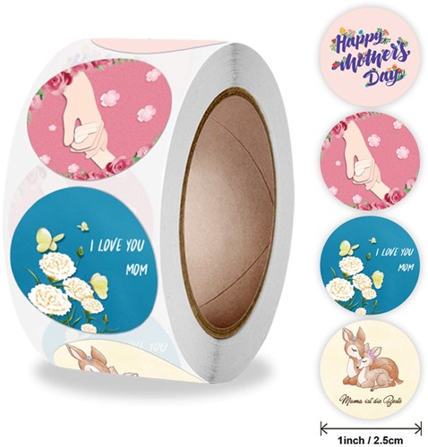  500 Stickers Labels Rol Thema Moederdag rol met 4 verschillende ronde etiketten  