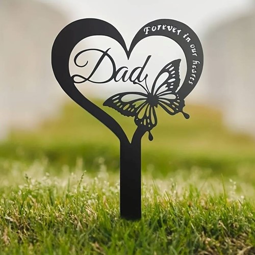 Grafdecoratie Herdenkingsplaatje hart en vlinder Forever in our hearts Dad op steker