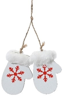 Hanger Houten Wanten Wit met rood / st Houten figuurtjes voor bloemschikken en kerstboom